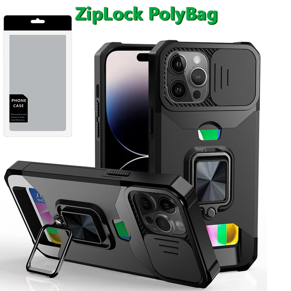 [PolyBag] For iPhone 14 Pro Max Multi-Functional Card Magnetic Ring Stand Hybrid Camera – Black