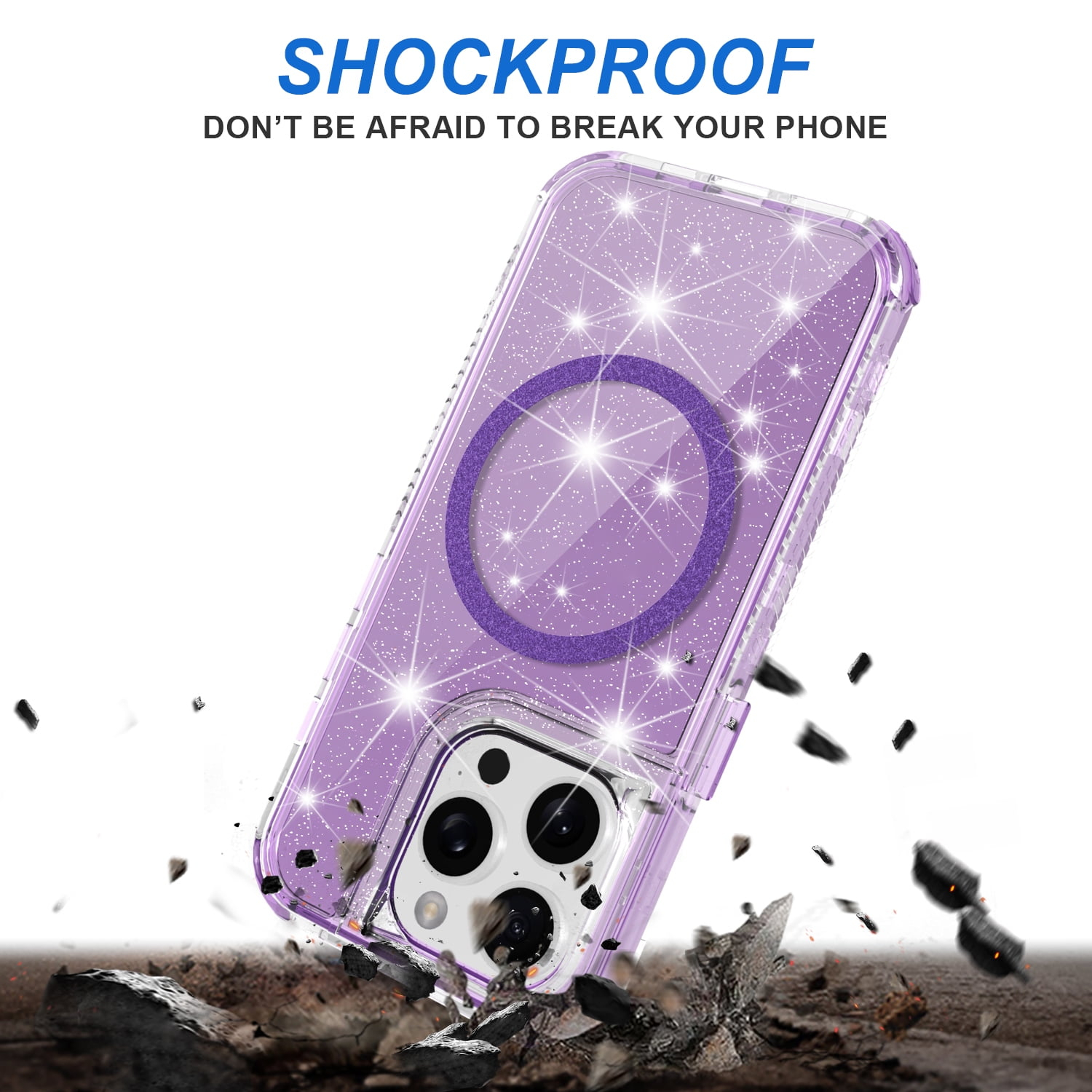 For iPhone 14 PRO MAX 6.7″ Magnetic Ring Glitter 3in1 Hybrid Case Cover – Purple
