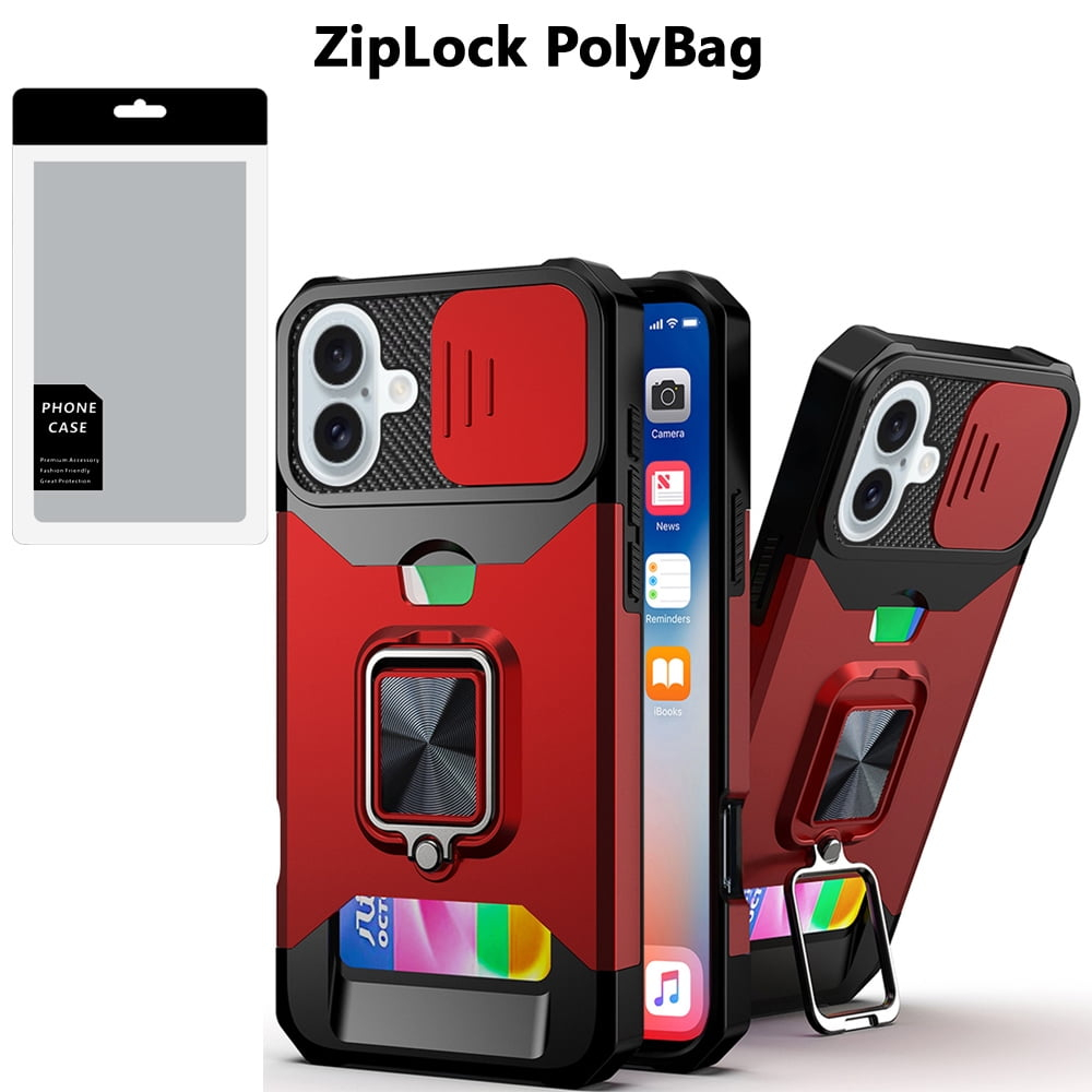 [PolyBag] For iPhone 16 6.1 inch Multi-Functional Card Magnetic Ring Stand Hybrid Camera – Red
