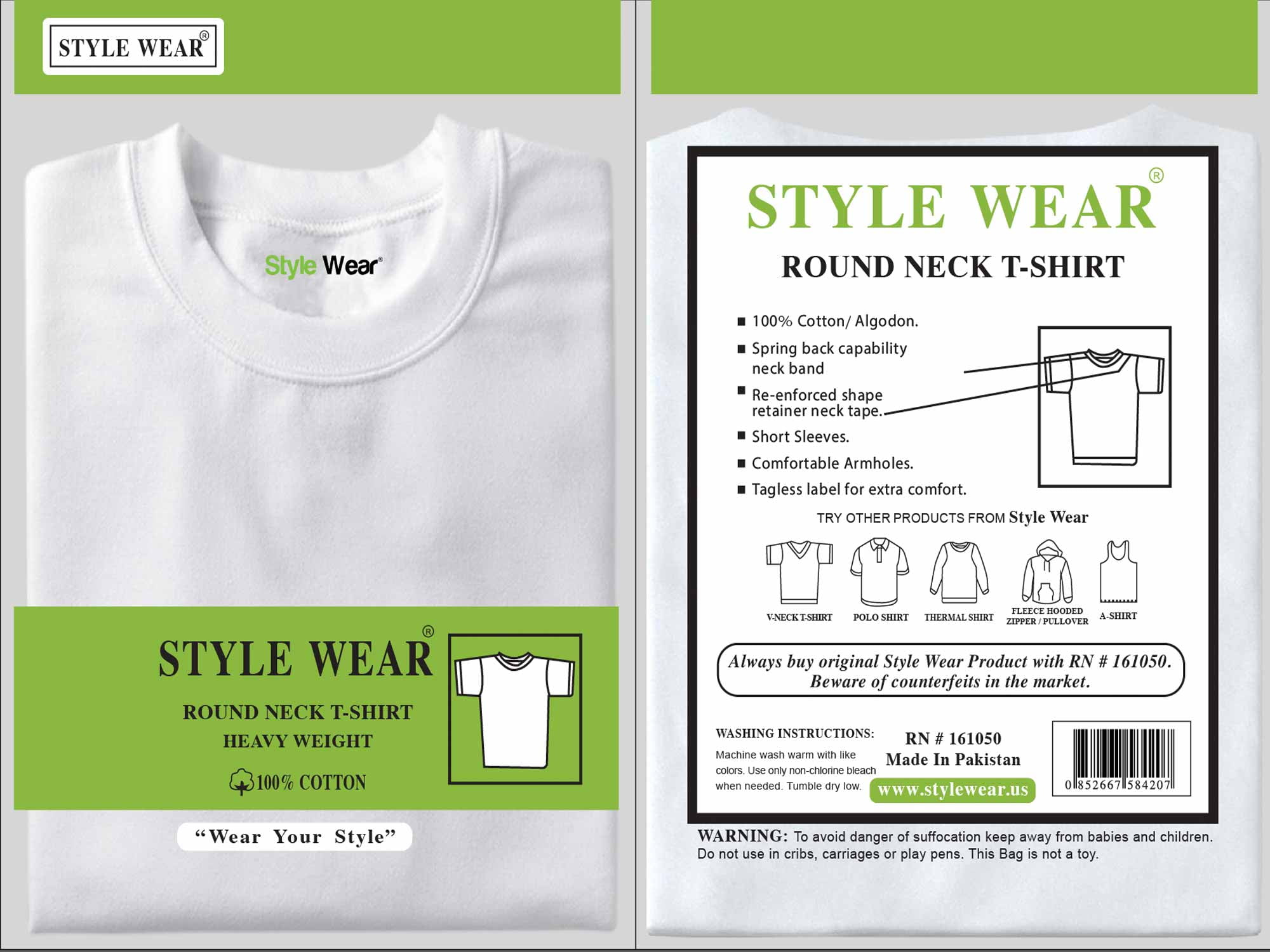 Style Wear T-Shirt, Round Neck, White, Size 6XL