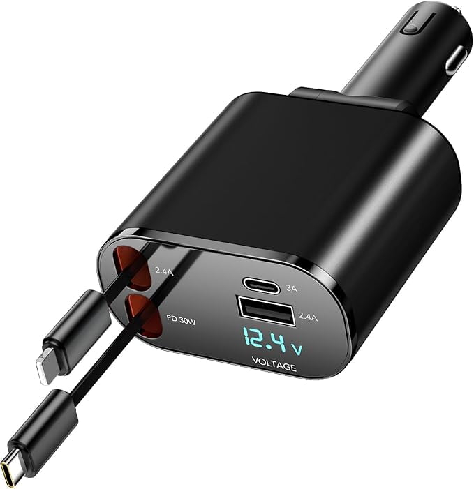Retractable Car Charger Compatible with Galaxy Pixel, 4 in 1 Fast Charging Car Charger 60W, Retractable Cable and 2 USB Ports Car Charger Adapter