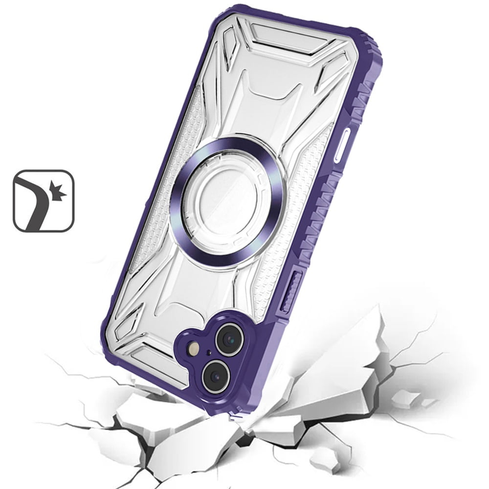For iPhone 16 6.1 inch [Magnetic Circle] CD Pattern Transparent Rugged Hybrid – Purple
