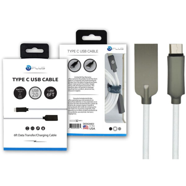 uPlus 6ft Type-C to USB White Charging and Data Sync Cable for Samsung Galaxy LG Google Pixel