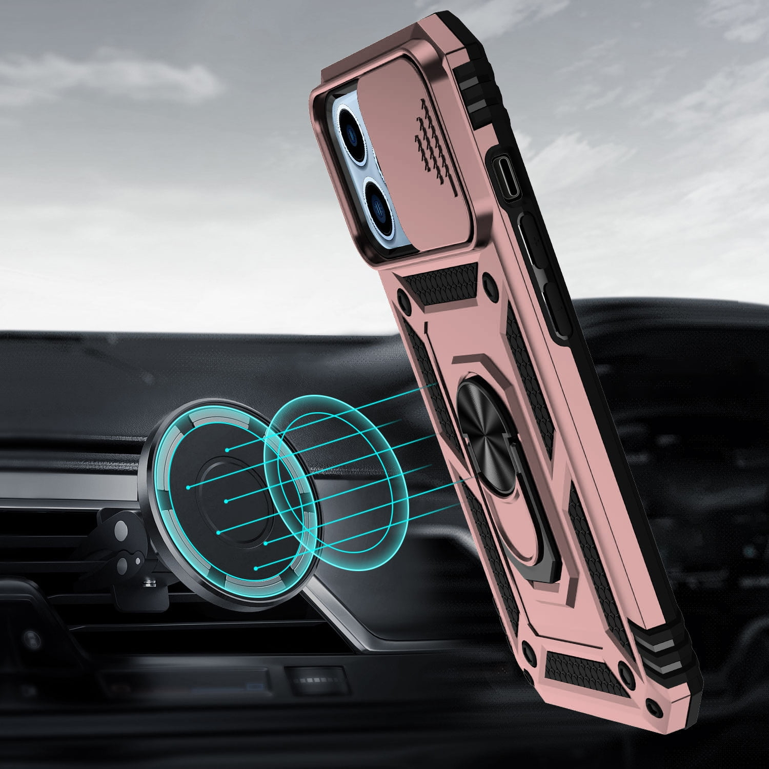 For iPhone 15 Pro Max Case Shockproof RingStand Lens Cover + 2 Screen Protectors