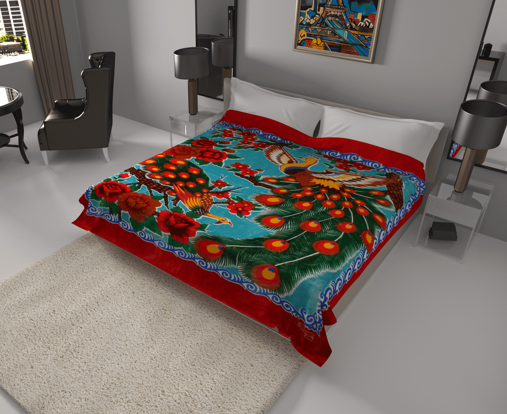 Solaron King Peacock Korean Mink Blanket – Red Border