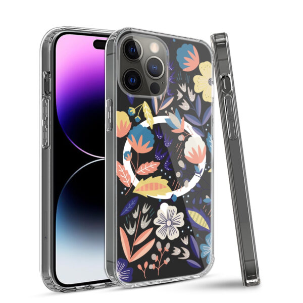 For iPhone 15 PRO Case Floral Print Clear Magnetic Charging + 2 Tempered Glass