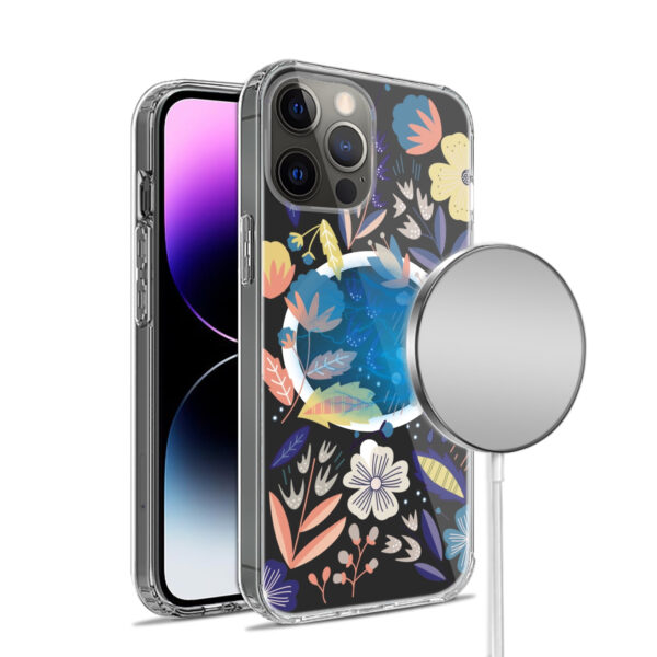For iPhone 15 PRO Case Floral Print Clear Magnetic Charging + 2 Tempered Glass - Image 7
