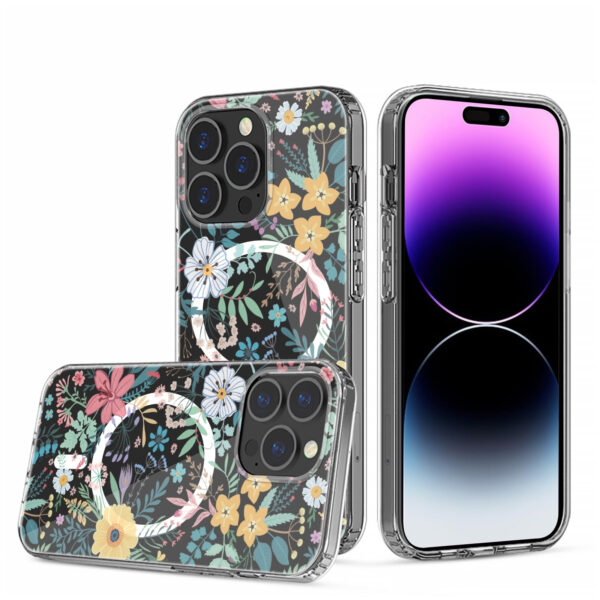 For iPhone 15 PRO Case Floral Print Clear Magnetic Charging + 2 Tempered Glass - Image 16