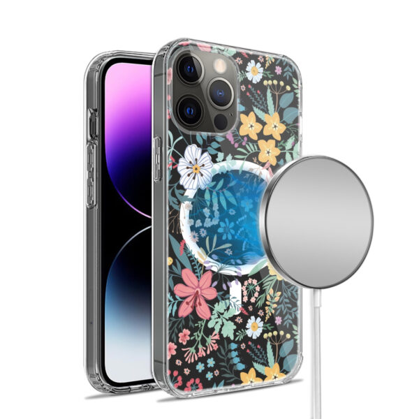 For iPhone 15 PRO Case Floral Print Clear Magnetic Charging + 2 Tempered Glass - Image 17