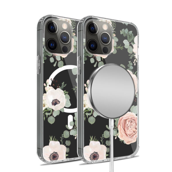 For iPhone 15 PRO Case Floral Print Clear Magnetic Charging + 2 Tempered Glass - Image 22