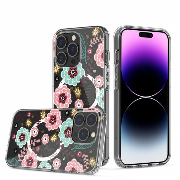 For iPhone 15 PRO Case Floral Print Clear Magnetic Charging + 2 Tempered Glass - Image 26