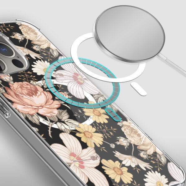 For iPhone 15 PRO Case Floral Print Clear Magnetic Charging + 2 Tempered Glass - Image 36