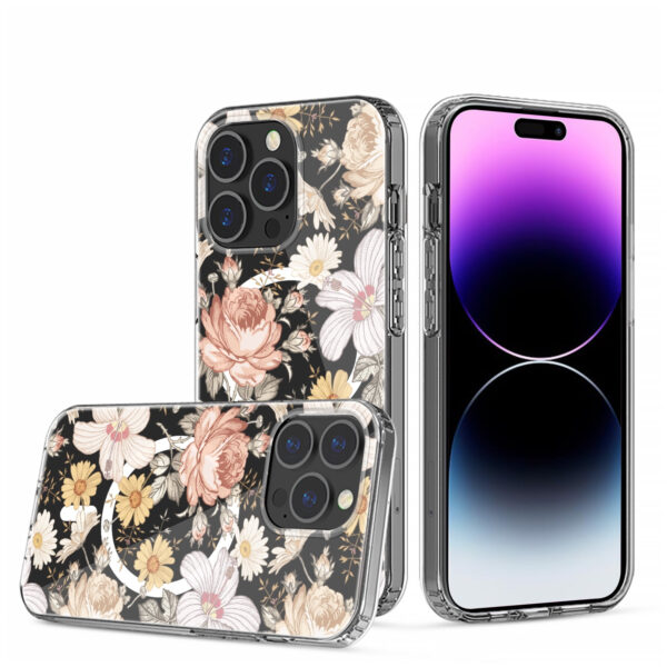 For iPhone 15 PRO Case Floral Print Clear Magnetic Charging + 2 Tempered Glass - Image 39