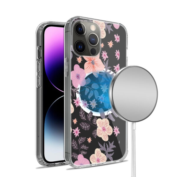 For iPhone 15 PRO Case Floral Print Clear Magnetic Charging + 2 Tempered Glass - Image 41