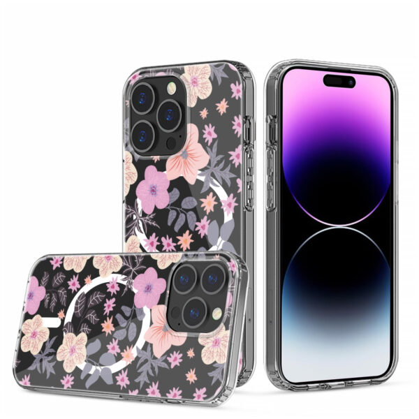 For iPhone 15 PRO Case Floral Print Clear Magnetic Charging + 2 Tempered Glass - Image 46