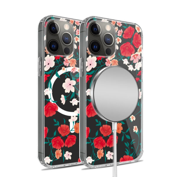 For iPhone 15 PRO Case Floral Print Clear Magnetic Charging + 2 Tempered Glass - Image 47