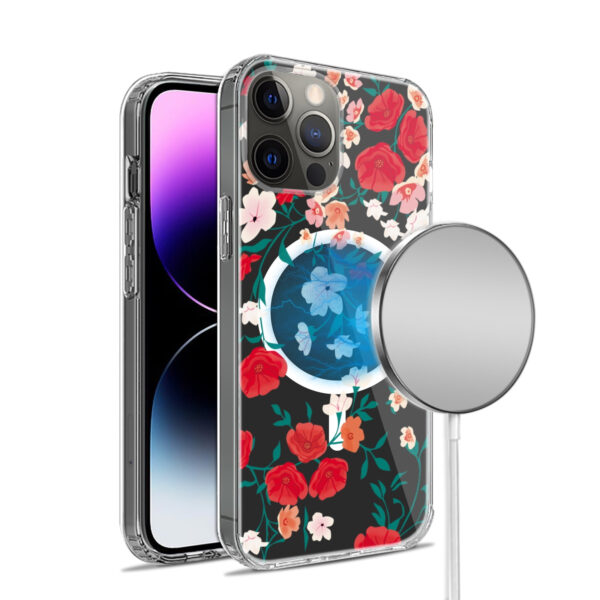 For iPhone 15 PRO Case Floral Print Clear Magnetic Charging + 2 Tempered Glass - Image 50