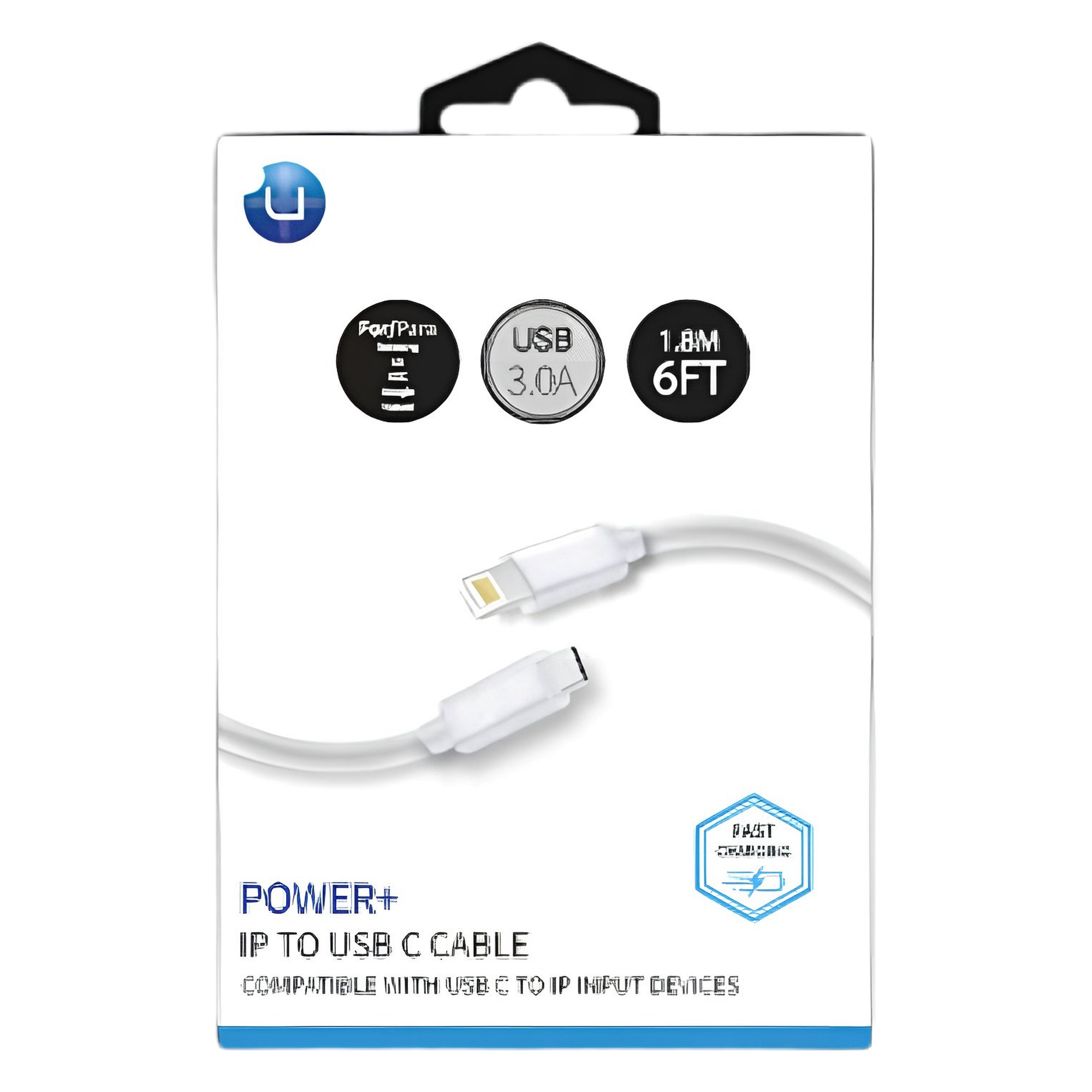 U Plus 6ft Type-C To I Phone White Charging and Data Sync Cable
