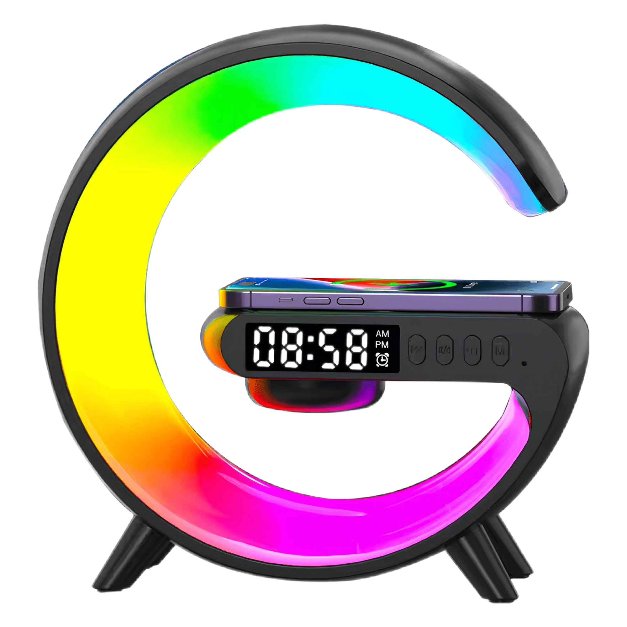 LED Wireless Speaker& Fast Wireless Charging with Colorful Ambient Light and Digital Clock Multifunctional Alarm